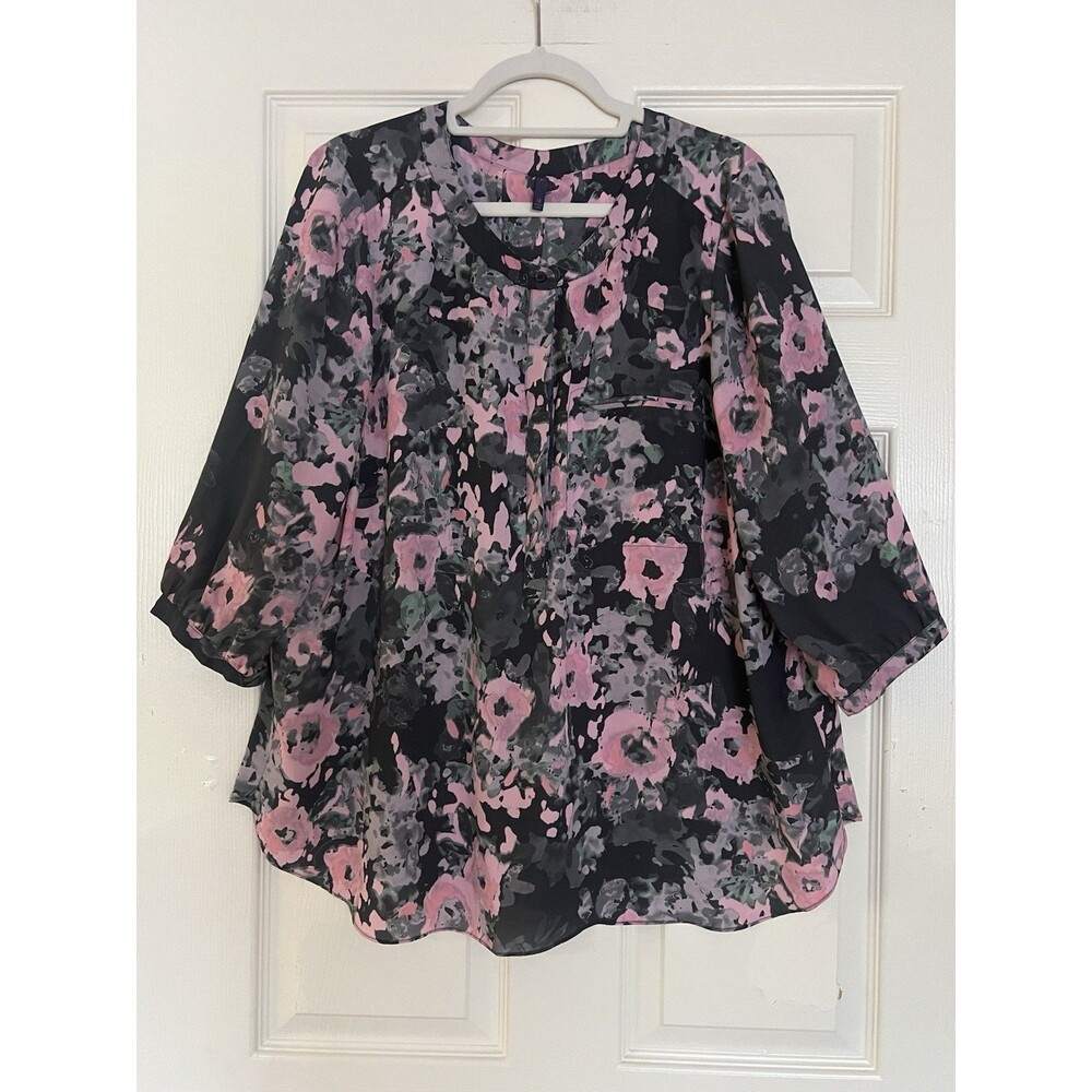 NYDJ Plus Size 1X Pintuck Blouse Black Pink Floral Pleated Back 3/4 Sleeve Top
